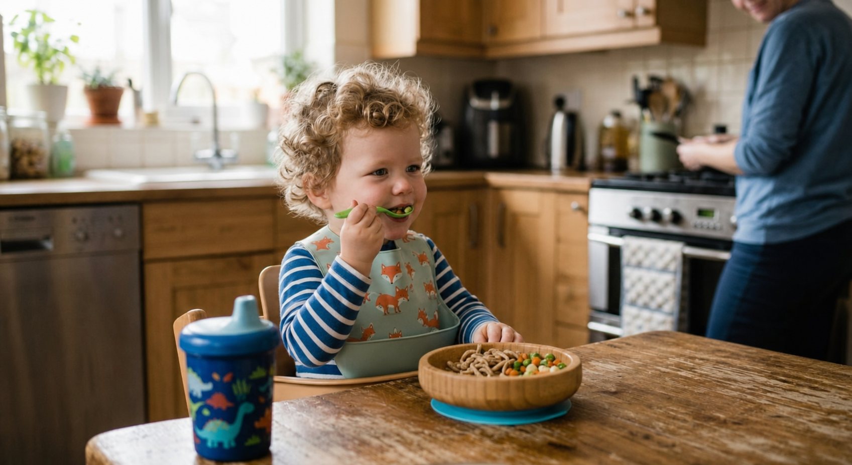 Niño comiendo feliz por cuenta propia